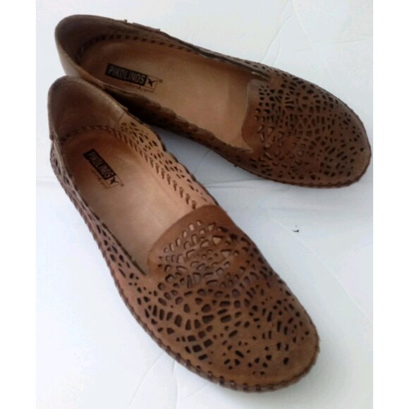 Women's Sz 41 US 10-10.5 Pikolinos Laser Cut Slip On Leather Low Wedge Brandy - Picture 1 of 5